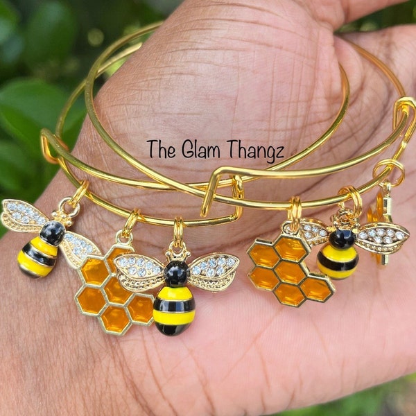 Gold Bee Bracelets, Honey Comb Charms, Queen Bee Bangles, Bumble Bee Keyring, Bee Lover Gifts, Bee Keeper, Bumblebee Gift, Honey Bee