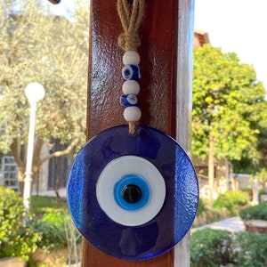 Decoración de mal de ojo redonda con vidrio esmerilado - Amuleto de protección para el hogar - Decoración de pared espiritual - Amuleto de ojo griego azul