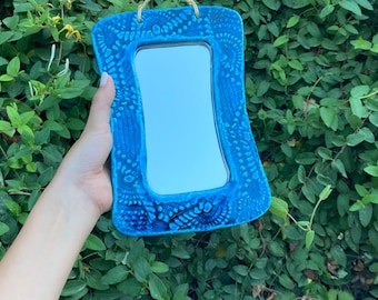 Blue Ceramic Rectangle Mirror: Handmade Turkish Wall Art (5.51 x 9.06 inch)