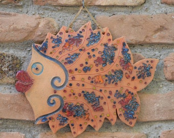 Pottery Balloon Fish Oriental Boho Decor - Ceramic Holiday Decor for Yard - Wall Hanging Clay Fish Ornament with Colored Glass