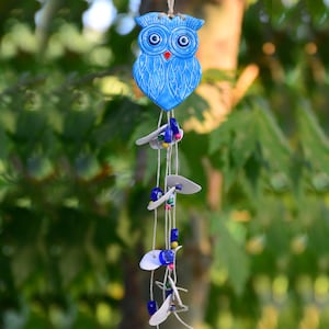 Ceramic Owl Blue Wall Hanging Ornament - Porcelain Owl Sculpture with Evil Eye Bead - Pottery Boho Wall Decor for Garden and Balcony