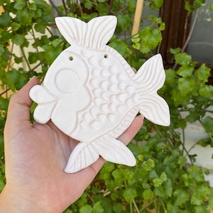 Fish Figurine Ceramic Bisque - Unpainted Mounted Fish Pottery - DIY Home Protection with Evil Eye Bead - Ceramic Painting at Home