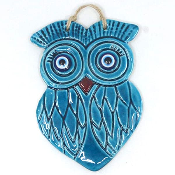 Décor de hibou en céramique couleur océan - Ornement de hibou suspendu mural - Figurine d’argile d’oiseau de proie - Décor Boho de balcon et de salle de bain - Animal de poterie