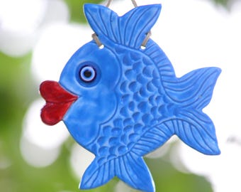 Ceramic Blue Fish Ornament for Wall - Pottery Fish Decor with Evil Eye Bead - Clay Fish Sculpture - Home Protection Decor