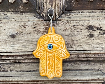 Orange Ceramic Hamsa Wall Hanging: Evil Eye Amulet Decor