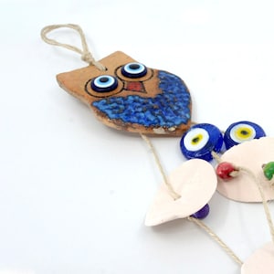 Handmade Clay Owl Wind Chime: Nursery Decor with Evil Eye Beads