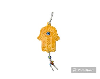 Orange Ceramic Hamsa Wall Hanging: Evil Eye Amulet Decor