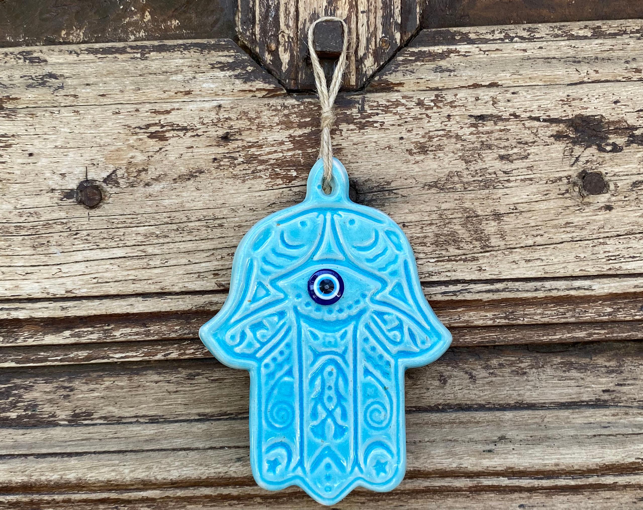 Light Blue Ceramic Hamsa Wall Hanging - Hand of Fatima Evil Eye Decor - Hamsa Hand Wall Art Ornament