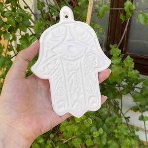 Make Your Own Home Protection - Turkish Nazar Amulet - Fatima Hand Ceramic Bisque - Pottery Hamsa Protection Wall Decor - Evil Eye Wall Art