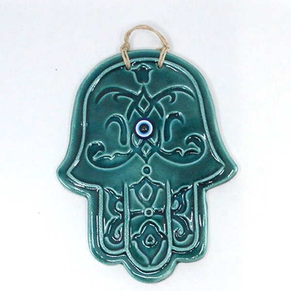 Duck Green Hamsa Hand Statue Wall Hanger - Fatima Hand Ornament for Garden and Patio - Protector Wall Decor with Evil Eye Beads