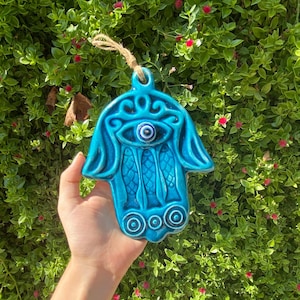 Turquoise Ceramic Hamsa Hand Wall Hanging: Evil Eye Decor