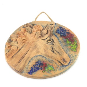 Clay Horse Figurine with Plate Wall Hanging Ornament - Colorful and Ceramic Horse Clay Wall Decor - Chamotte Animal Tree and Yard Decor