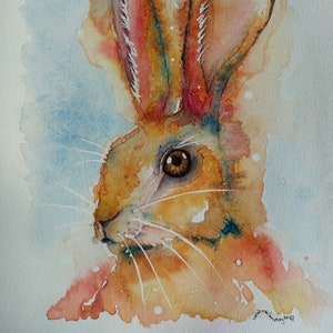 Lebendiger, original Aquarell Hase Druck mit hyper-realistischem Auge A4 Format auf hochwertiger Qualitätsstrukturkarte, geeignet zum Einrahmen