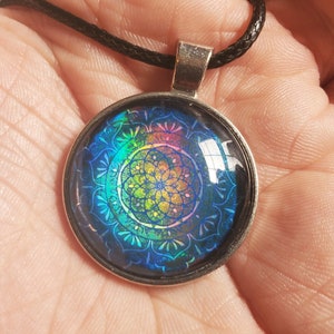 Holo Mandala Necklaces | Holographic Metal Cabochon Pendants | Psychedelic Spiritual Geometric Jewelry | Earth Day Festival Accessory