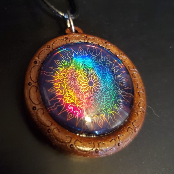 Holo Wooden Mandala Necklaces | Holographic Cabochon Pendants | Psychedelic Spiritual Geometric Festival Jewelry Accessory