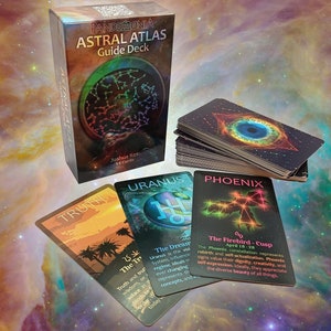 Jeu de 54 cartes d'Oracle d'Astral Atlas et un livret présentant les signes du zodiaque, les planètes, les éléments, les modes et les signes des cuspides