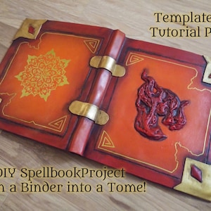Projeto de livro de feitiços DIY | Crie um tomo mágico de fogo com uma pasta de 3 argolas! Modelo de espuma de grimório e tutorial em PDF | LARP de mago de cosplay elemental