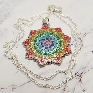 Rainbow Mandala Enamel Necklace/Keychain | 1 1/4&quot; Round Nickel Metal Pin Pendant | Colorful Sacred Geometric Flower Shiny Metallic Silver