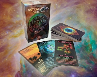 Baralho de estudo astrológico Astral Atlas com 54 cartas oráculo e livreto.