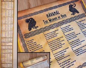 Pergaminho de tecido com poema nórdico Hávamál, 76" de comprimento, para pendurar na parede, decoração espiritual "Palavras do Altíssimo (Odin)", Edda poética, literatura pagã/Ásatrú