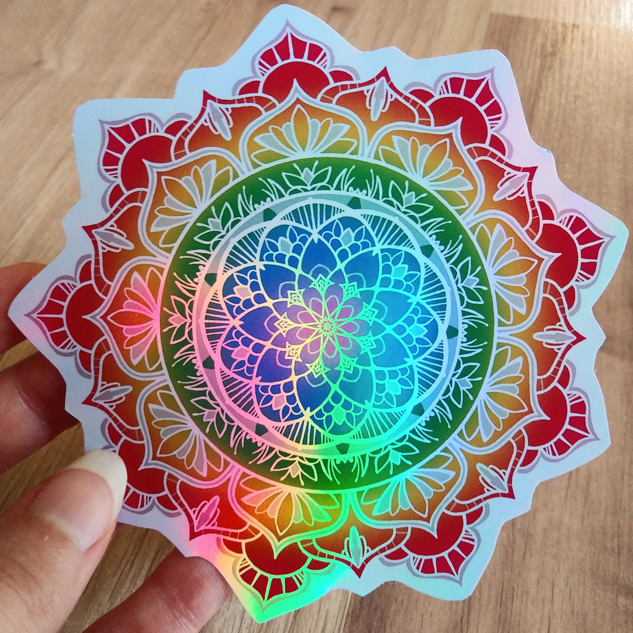 Holographic Rainbow Flower Mandala Stickers 4 Round Etsy