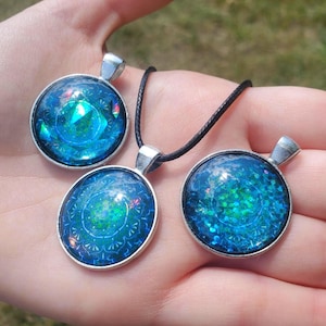 Holo Mandala Necklaces | Holographic Metal Cabochon Pendants | Psychedelic Spiritual Geometric Jewelry | Earth Day Festival Accessory