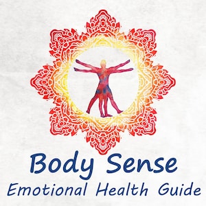 Puede incluir: Un mandala rojo y amarillo con una figura humana en el centro. El texto "Body Sense Emotional Health Guide" está debajo del mandala.