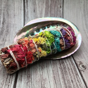 May include: Rainbow smudge stick with white sage and colourful flower petals, resting in a white abalone shell.