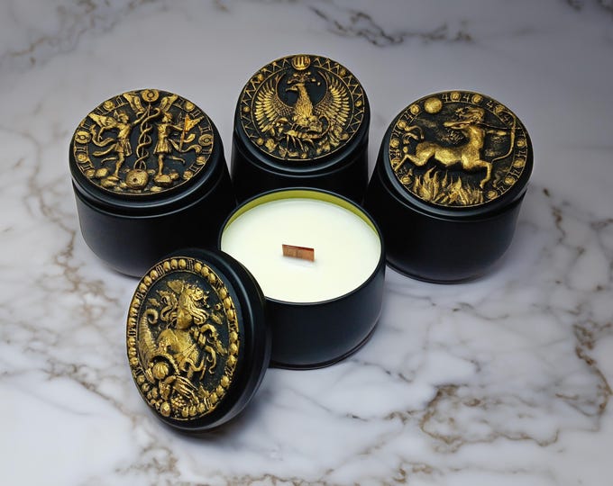 Zodiac Candle 4 oz Gold Embossed Tin Classic Astrology Spiritual Practice Gilded Renaissance Sculpture Custom Scent Vegan Organic Soy Wax