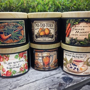 Hobbit Soy Candle Party Favor 6 Pack Mini 4oz Lord of the Rings Fantasy Wedding Inspired Cozy Wood Wick Tin Candles Food Scent Vegan Organic