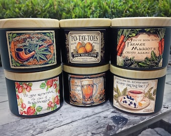 Hobbit Soy Candle Party Favor 6 Pack Mini 4oz Lord of the Rings Fantasy Wedding Inspired Cozy Wood Wick Tin Candles Food Scent Vegan Organic