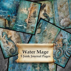 Water Magic Wizard Junk Journal Pages Printable Scrapbook, Alchemy Theme Mixed Media Art DIY Paper Collage Sheet Digital Download