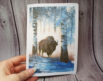 Cartão de Solstício de Inverno Pagão, Ecológico, com Aquarela Pintada à Mão, Sem Inteligência Artificial, em Apoio ao Reintrodução do Bisão Europeu na Natureza.