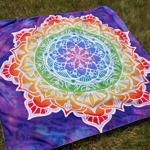Rainbow Flower Mandala Tapestry | Square 20" / 54" Wall Hanging Tarot Altar Cloth | Fairy Festival Sacred Geometry Psychedelic Cosmic Design
