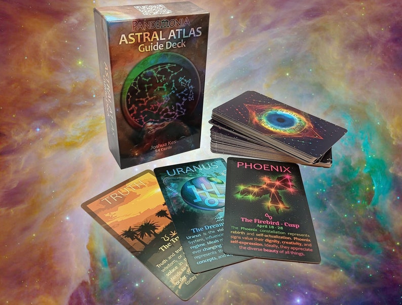 Astral Atlas Guide Deck or Oracle Deck of 54 Astrology, Zodiac Signs, Planets, Element, and Mode Cards against a colorful cosmic nebula background.