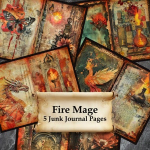 Fire Magic Wizard Junk Journal Pages Printable Scrapbook, Alchemy Theme Mixed Media Art DIY Paper Collage Sheet Digital Download