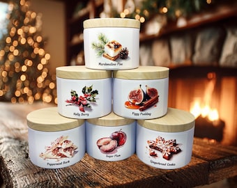 Conjunto de 6 mini velas de soja com aroma de Natal, em latas de 113g (4oz) com pavios de madeira.