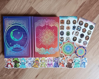 BUNDLE Magic Stationary | Dream Journal Rainbow Holographic Foil Hardcover Notebook | Zodiac Cat Sticker Assortment Vintage Astrology