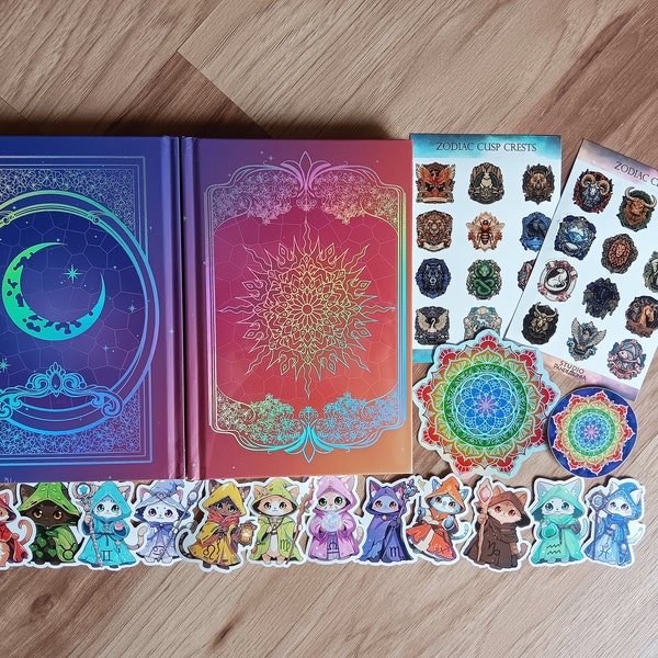 BUNDLE Magic Stationary | Dream Journal Rainbow Holographic Foil Hardcover Notebook | Zodiac Cat Sticker Assortment Vintage Astrology