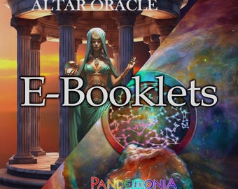 May include: Digital artwork promoting "Pandemonia Altar Oracle" and "Astral Atlas" e-booklets. The image features a woman in teal robes holding a crystal ball, with the text "E-Booklets" in large white letters. The background includes a celestial and architectural design.