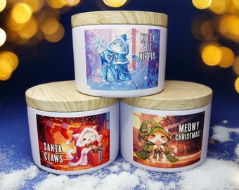 Velas de Natal Meowy Solstice Cat - Biscoito de Gengibre - Pinheiro Açucarado - Hortelã com Zimbro Gelado