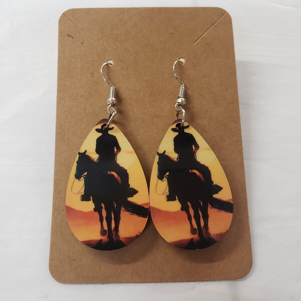 Cowboy on Horse Teardrop Western Earrings Printed