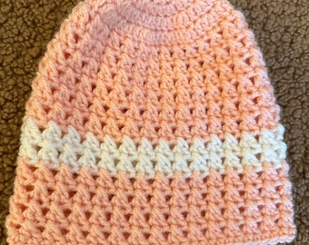 Ladies crochet hat/beanie/pink and white/crocheted/handmade/head cover/crochet hat