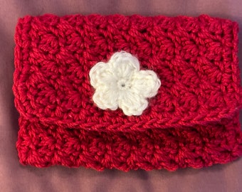 Red Handmade Coin Purse with White Flower