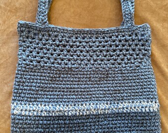 Large Gray and Blue Crocheted Tote Bag - Unlined