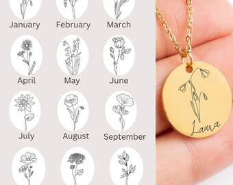 Custom Circular Birth Flower Necklace, Birth Month Necklace, Personalized Necklace, Engraved Stainless Steel Flower Necklace, Gift for Her