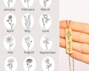 Custom Bar Birth Flower Necklace, Birth Month Necklace, Personalized Necklace, Engraved Stainless Steel Flower Necklace, Gift for Her