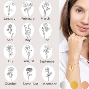 Custom Circular Birth Flower Bracelet, Birth Month Bracelet, Personalized Bracelet, Engraved Stainless Steel Flower Bracelet, Gift for Her