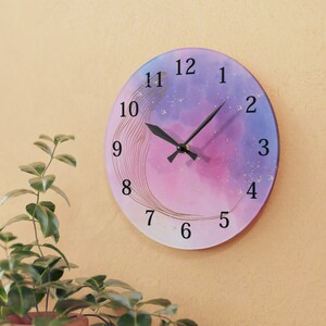 Dreamscape Acrylic Wall Clock with Numbers, Multicolor, Gold Accent, Cute Wall Art, Round Clock, Square Clock, Battery Operated