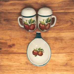 Vintage Apple Salt & Pepper Set with Spoon Rest: 80s China Pearl